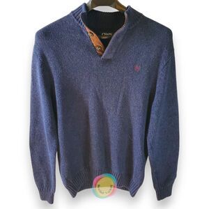 Chaps Ralph Lauren Sweater Mens L Pullover Elbow Patch Mock Neck Blue Cotton